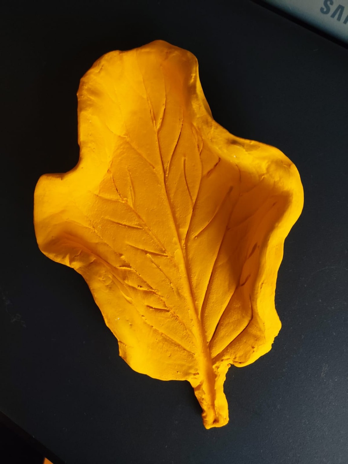 Primera hoja modelada en arcilla antes de recibir su acabado verde